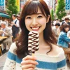 Japanese people enjoying a vanilla ice cream bar with irregular chocolate swirls on a stick in a popular setting.