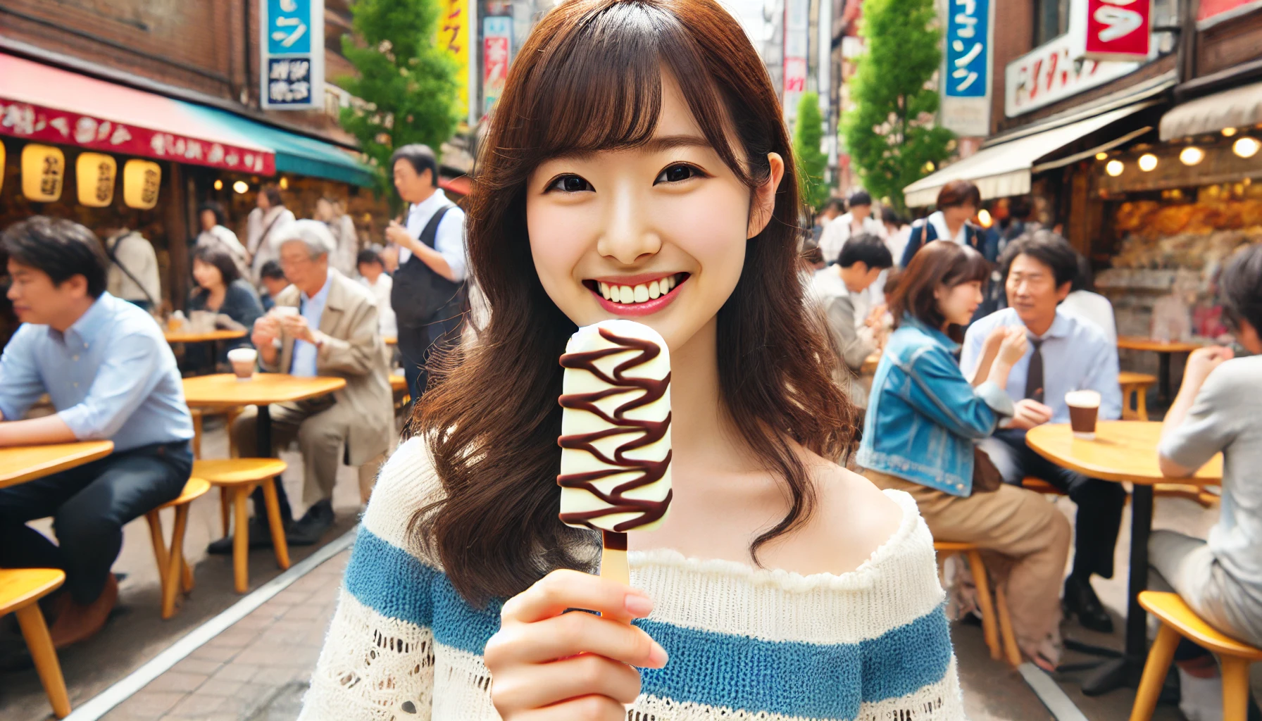 Japanese people enjoying a vanilla ice cream bar with irregular chocolate swirls on a stick in a popular setting.