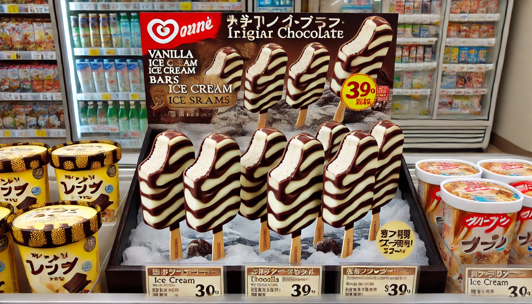 A display of vanilla ice cream bars with irregular chocolate swirls on sticks in a convenience store setting in Japan.