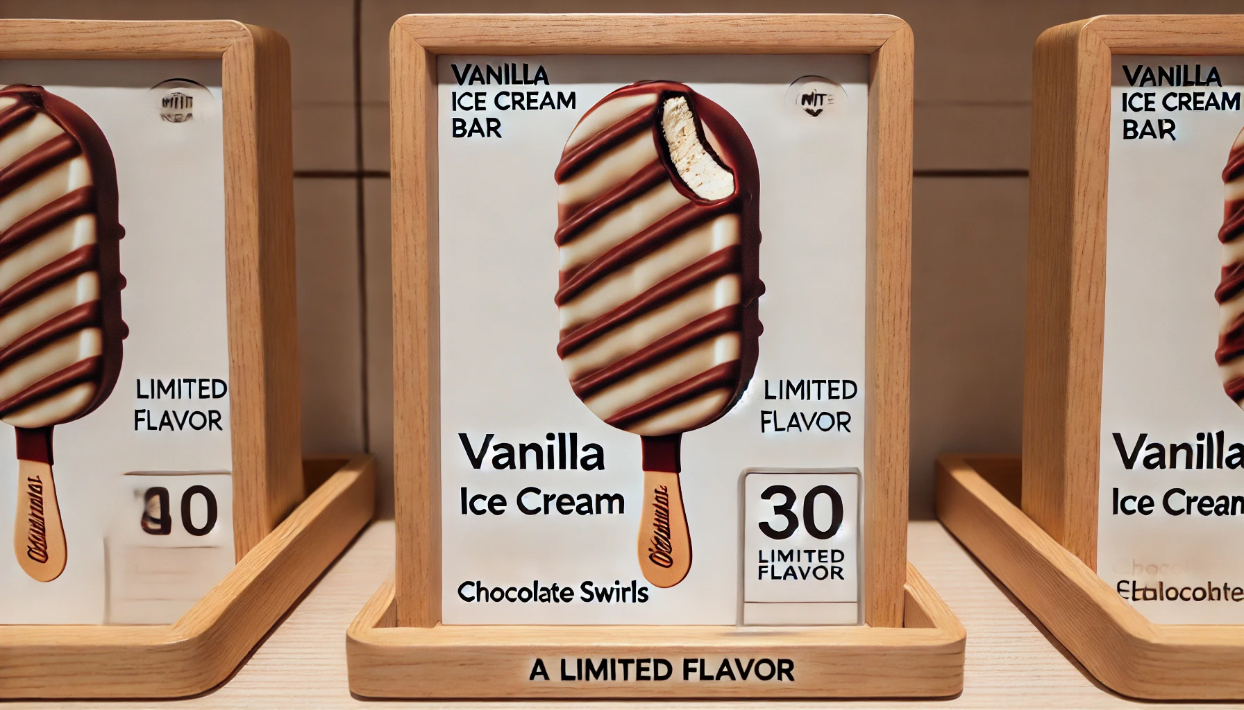 A vanilla ice cream bar with irregular chocolate swirls on a stick, displayed prominently with a label indicating it is a limited flavor.