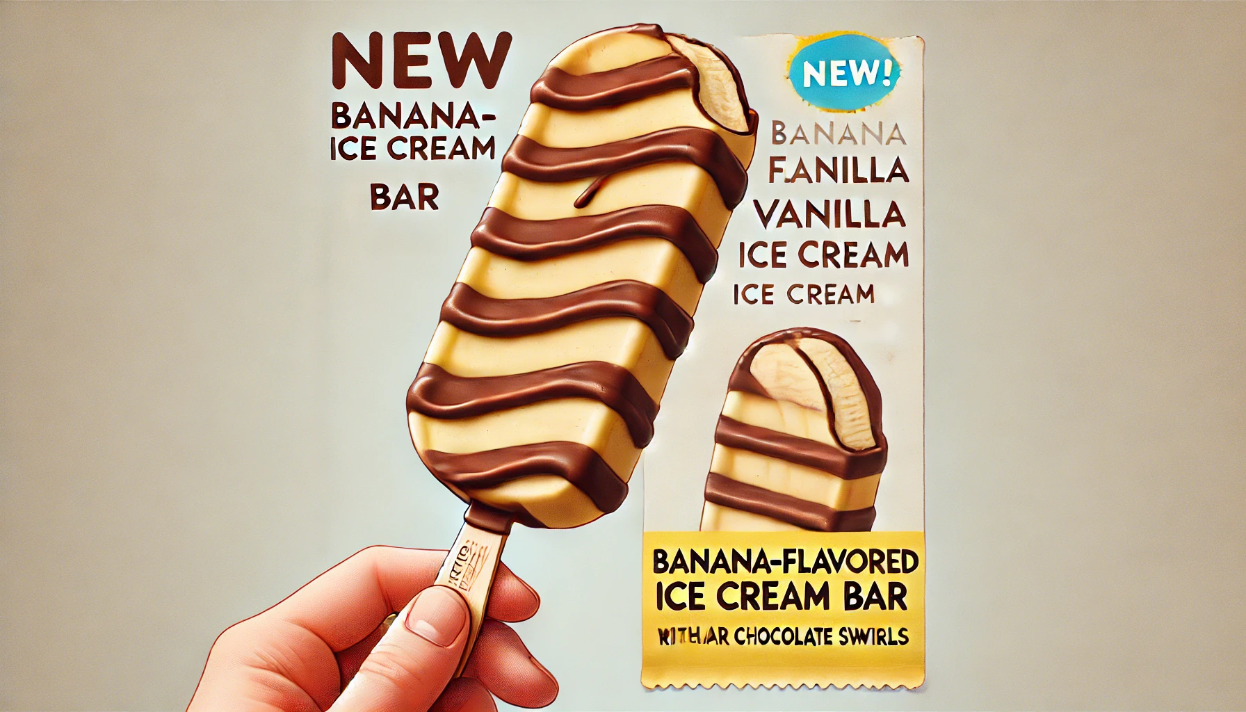 A new banana-flavored vanilla ice cream bar with irregular chocolate swirls on a stick, displayed prominently with a label indicating it is a new product.