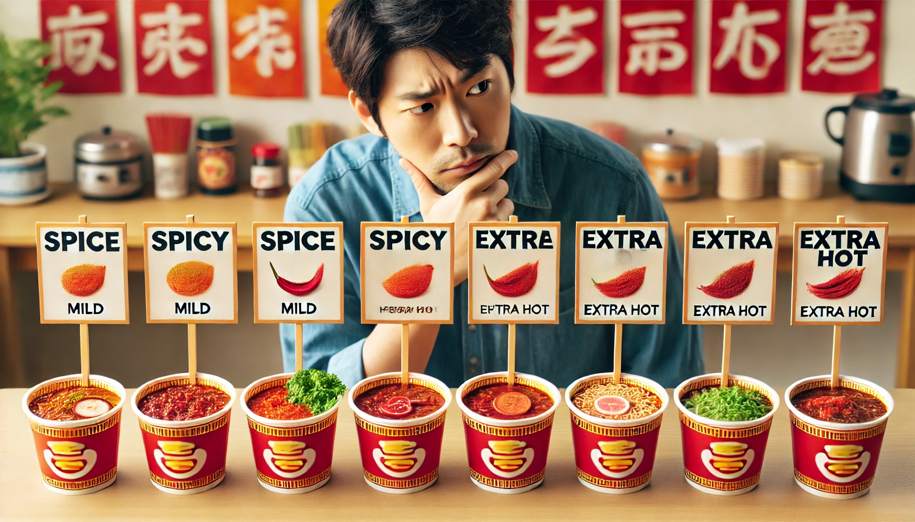 A variety of spicy ramen cups with red vegetables, each cup labeled with different spice levels from mild to extra hot. The cups are arranged in a row on a table, and a Japanese man is trying to choose the right spice level.