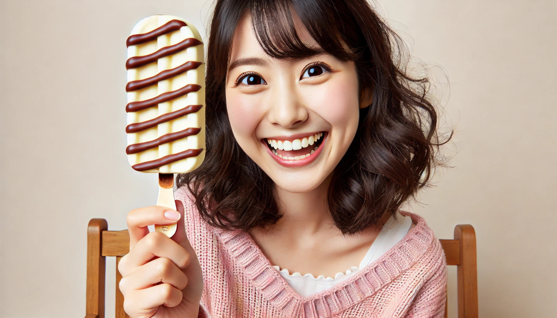 A Japanese person holding a vanilla ice cream bar with irregular chocolate swirls on a stick, looking happy and excited.