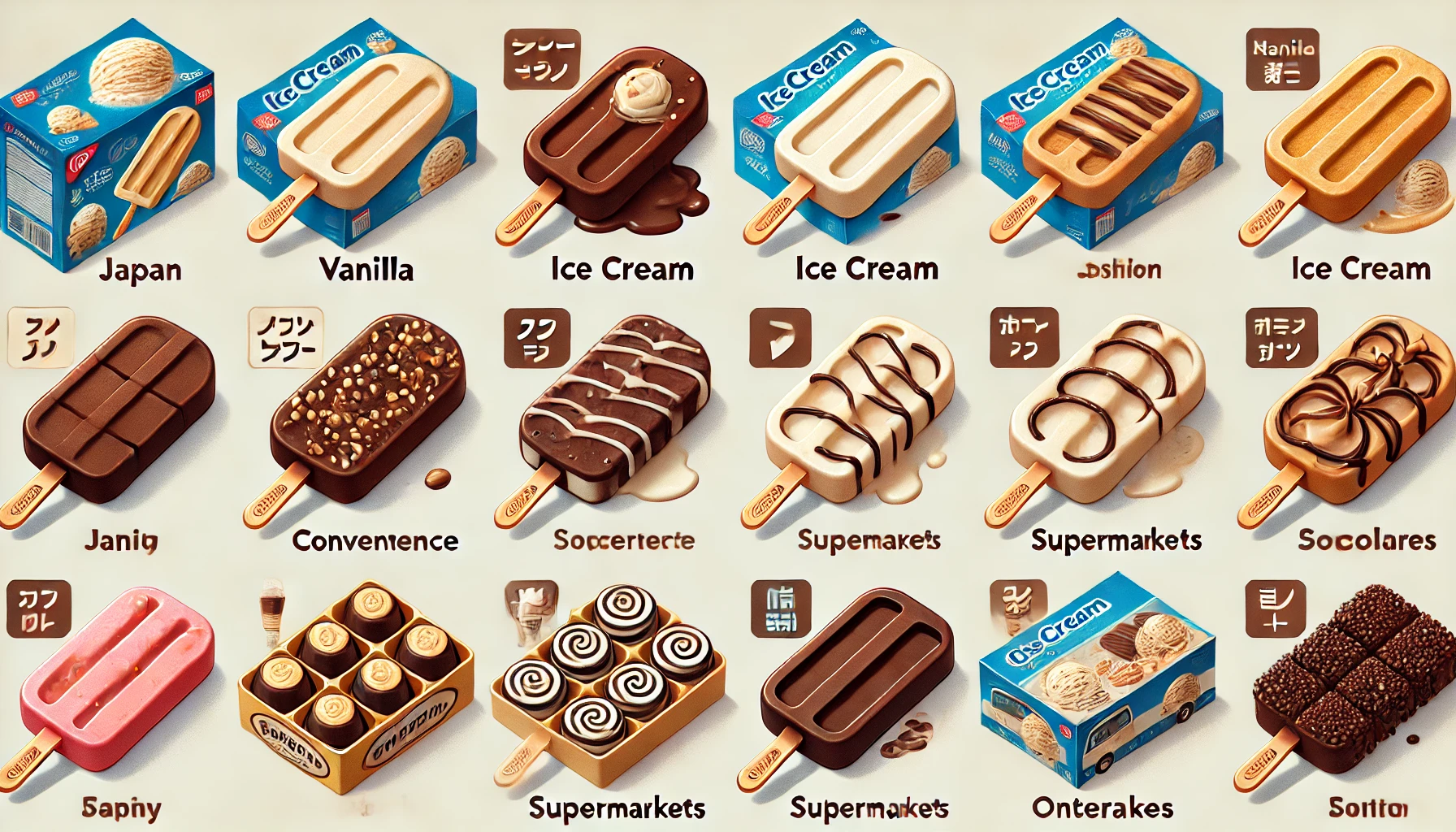 Different places in Japan where vanilla ice cream bars with irregular chocolate swirls on sticks can be purchased, including convenience stores, supermarkets, and online stores.