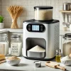 A modern home bakery machine designed for making bread from rice, placed on a kitchen counter with various baking ingredients such as rice flour, yeast, and measuring cups surrounding it.