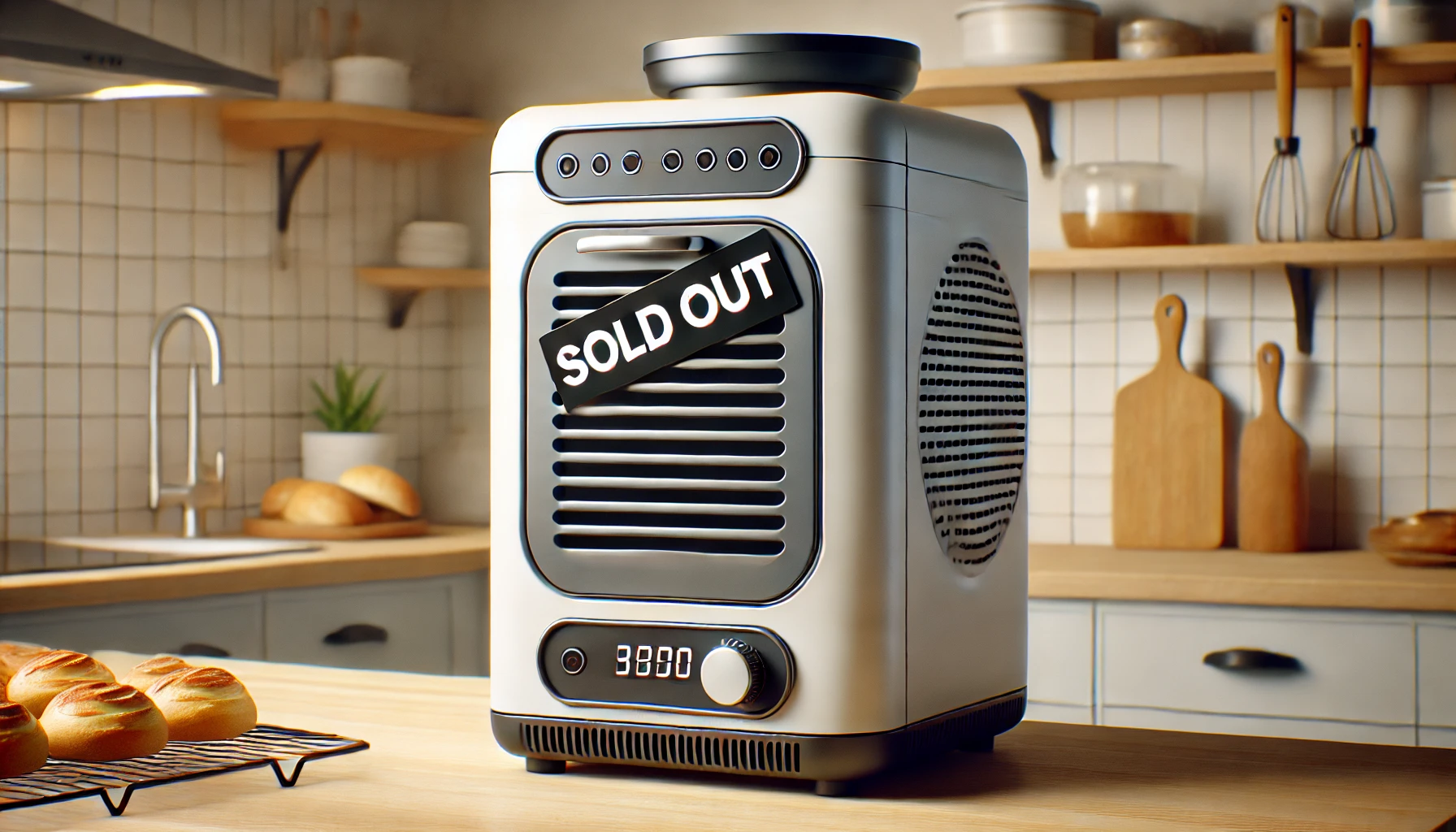 A modern home bakery machine with a 'Sold Out' sign on it, displayed in a kitchen setting, indicating that the product is no longer available.