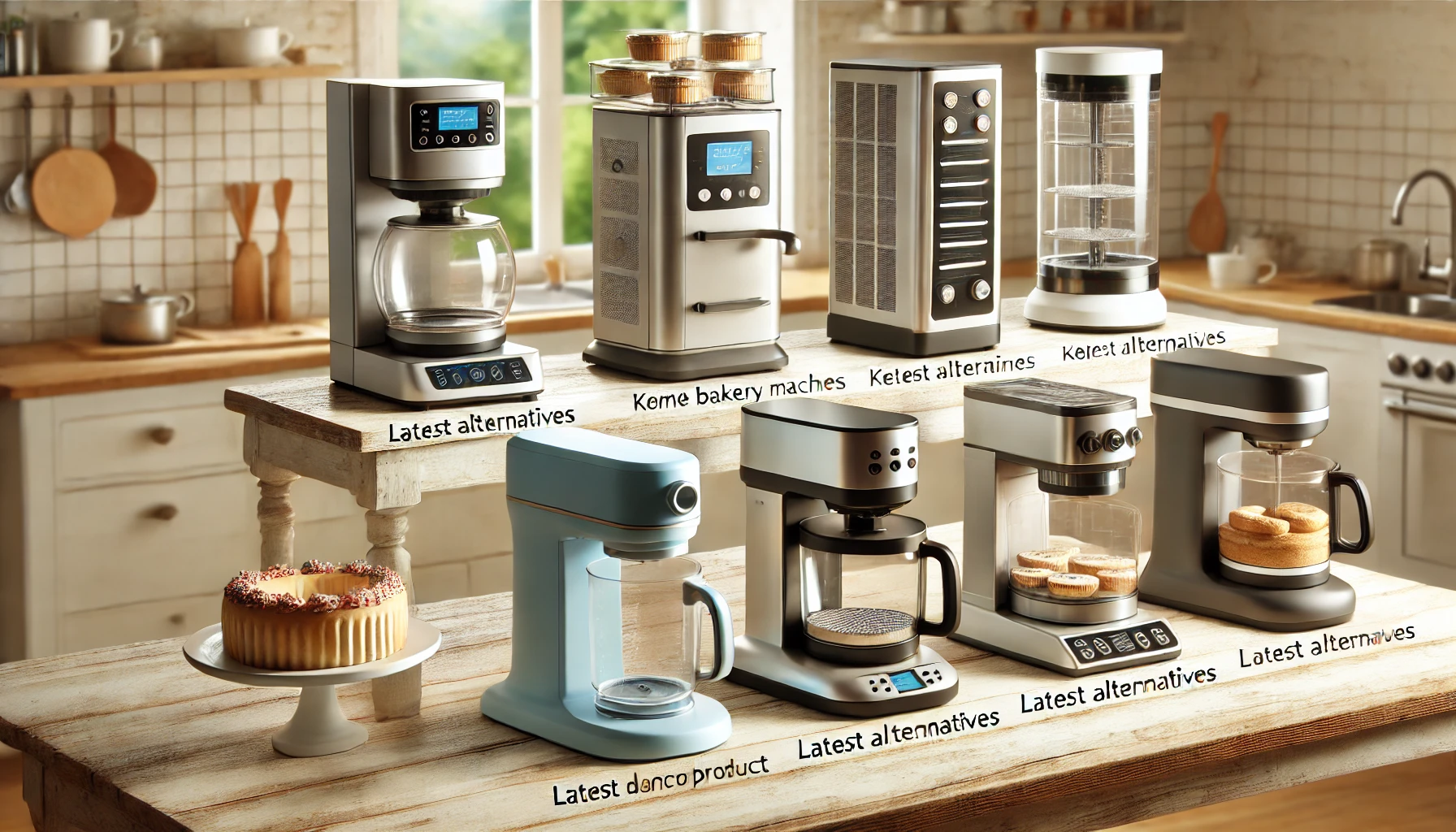 A selection of modern home bakery machines, displayed on a kitchen counter, each labeled with key features and benefits, indicating they are the latest alternatives to a discontinued product.