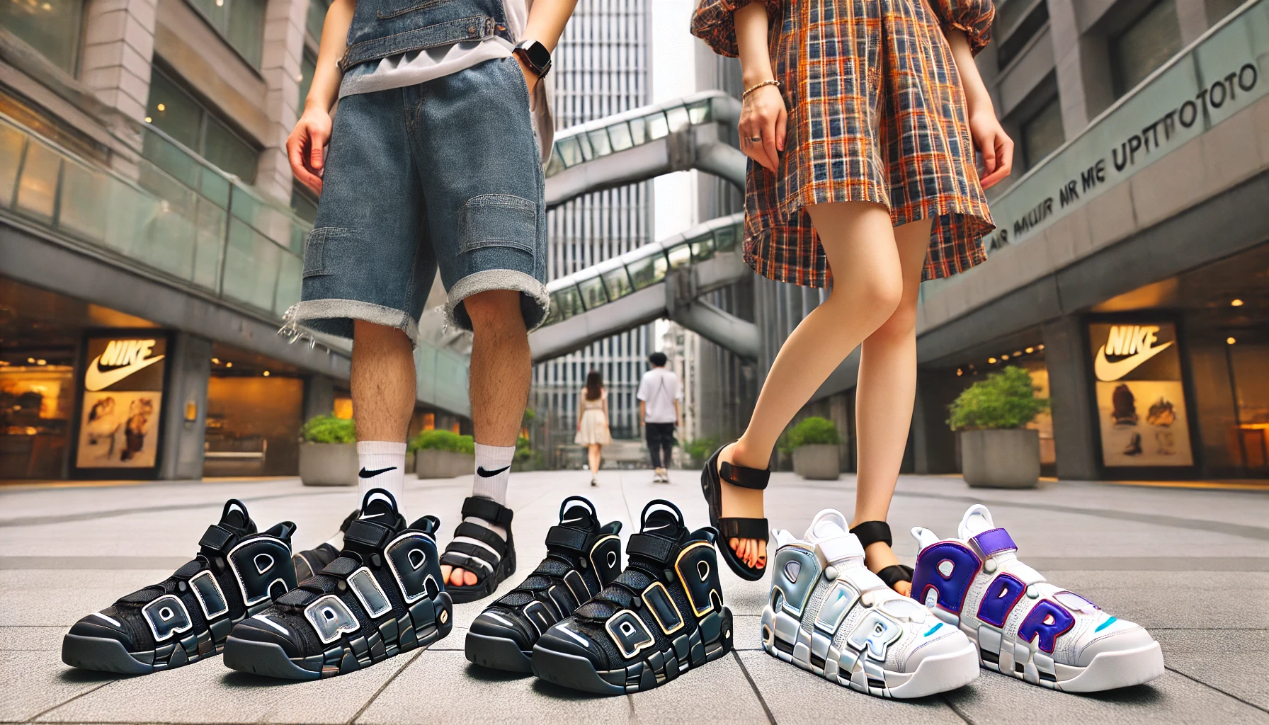 A Japanese man and woman wearing Nike Air More Uptempo sandals in different styles and colors, showcasing fashionable ways to wear the sandals. The background is a modern urban setting.