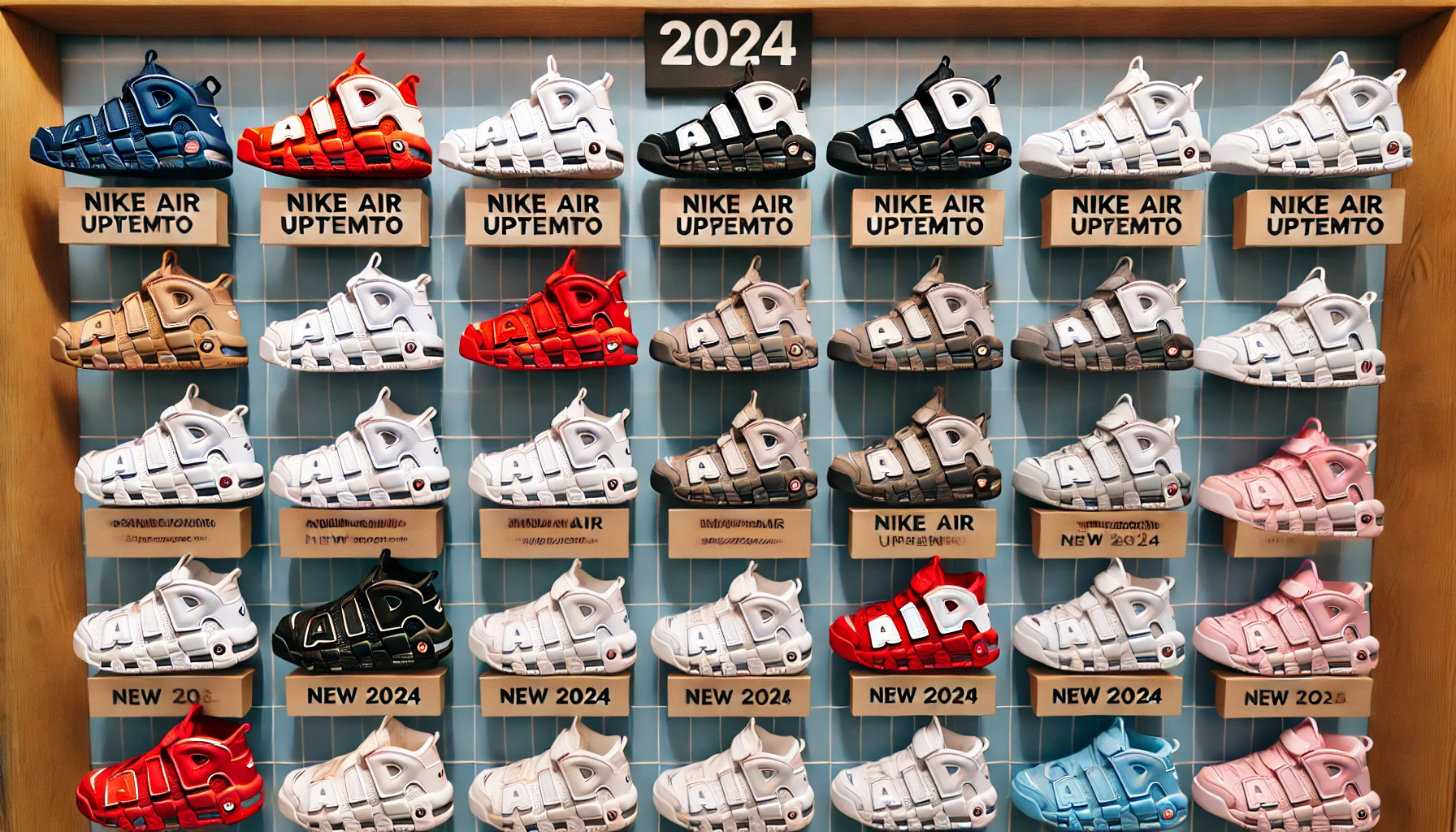 A display of various color options of Nike Air More Uptempo sandals, including new 2024 models. The sandals are arranged in an organized manner with labels showing each color variant, including red, white, and blue. No people in the image.