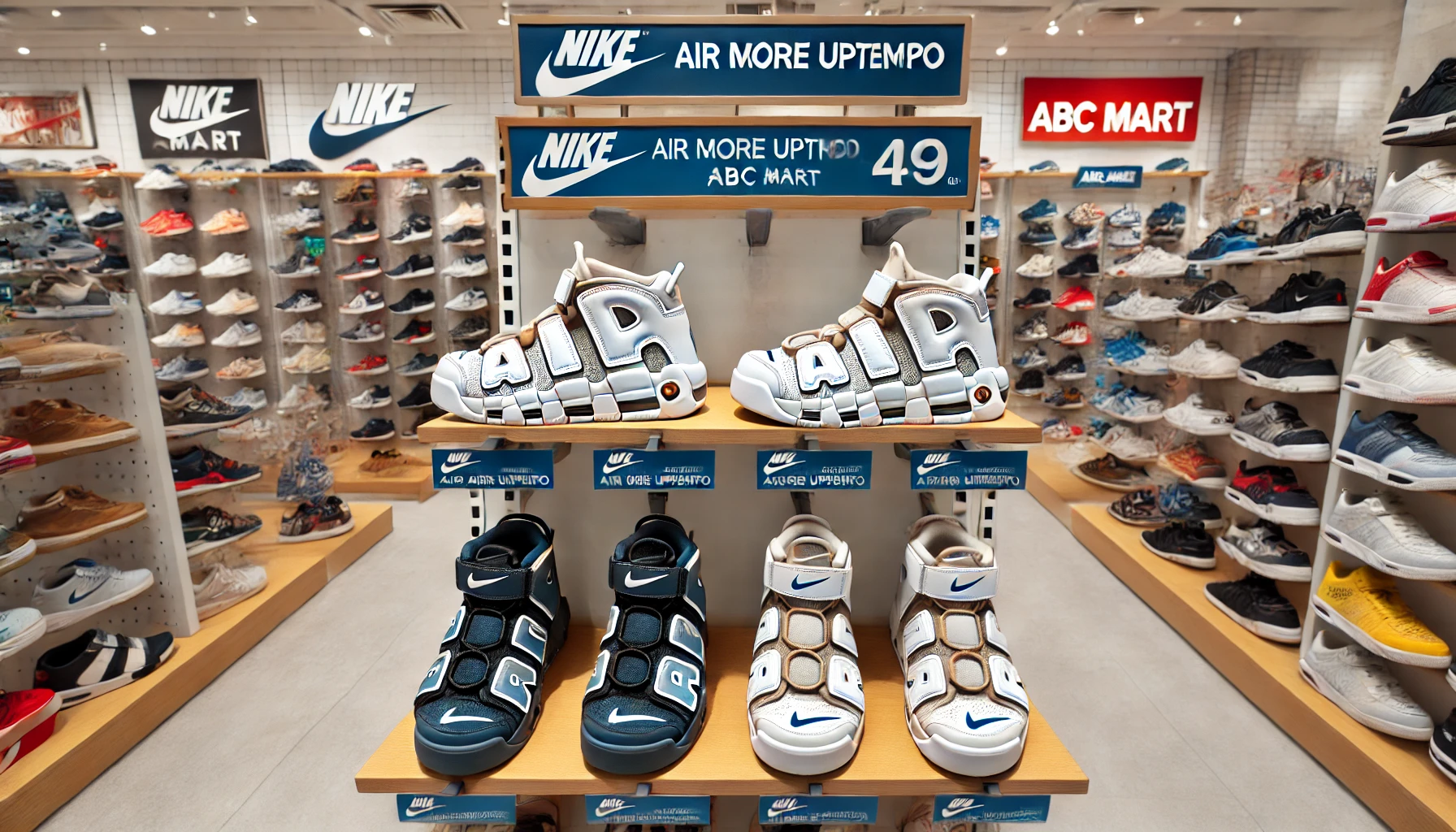 Nike Air More Uptempo sandals displayed in a retail setting, showcasing the availability at different stores like ABC Mart. The sandals are neatly arranged on shelves with store signage visible. Japanese retail environment.