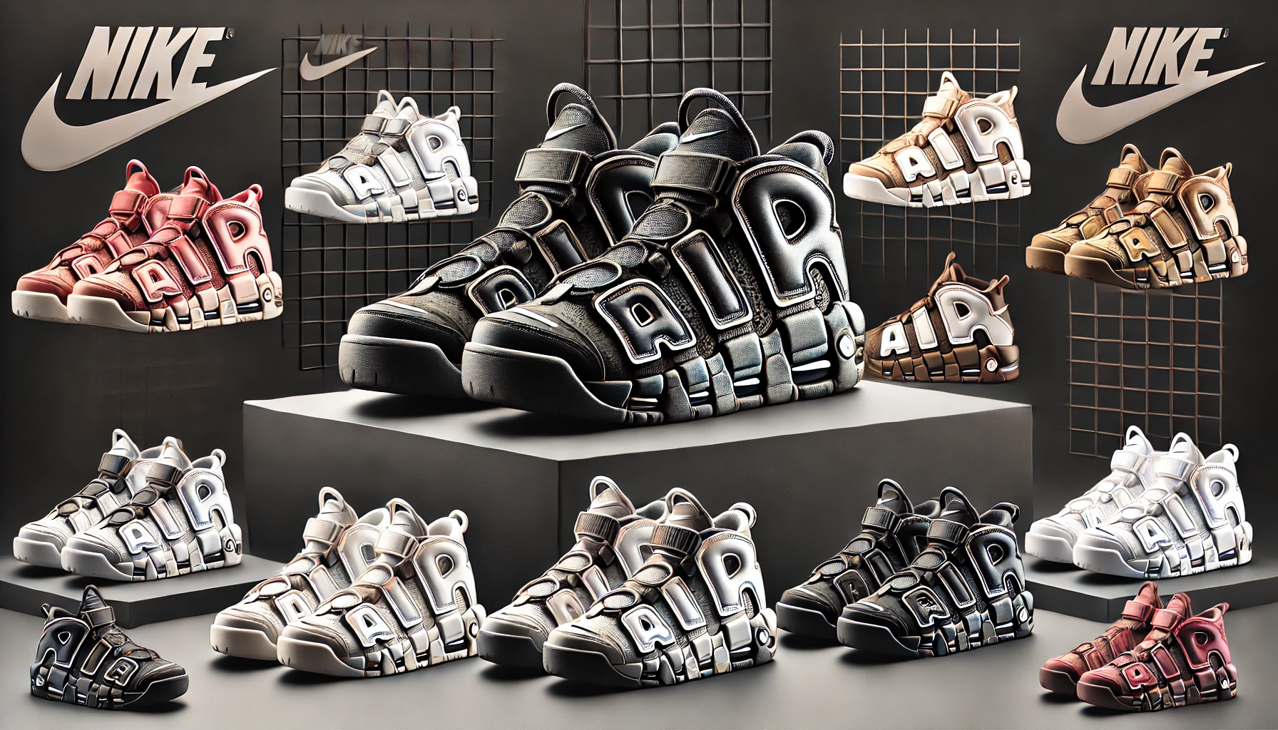 A stylish display of Nike Air More Uptempo sandals, showcasing the different designs and features in a visually appealing manner. Include various angles of the sandals to highlight the unique design elements. No people in the image.