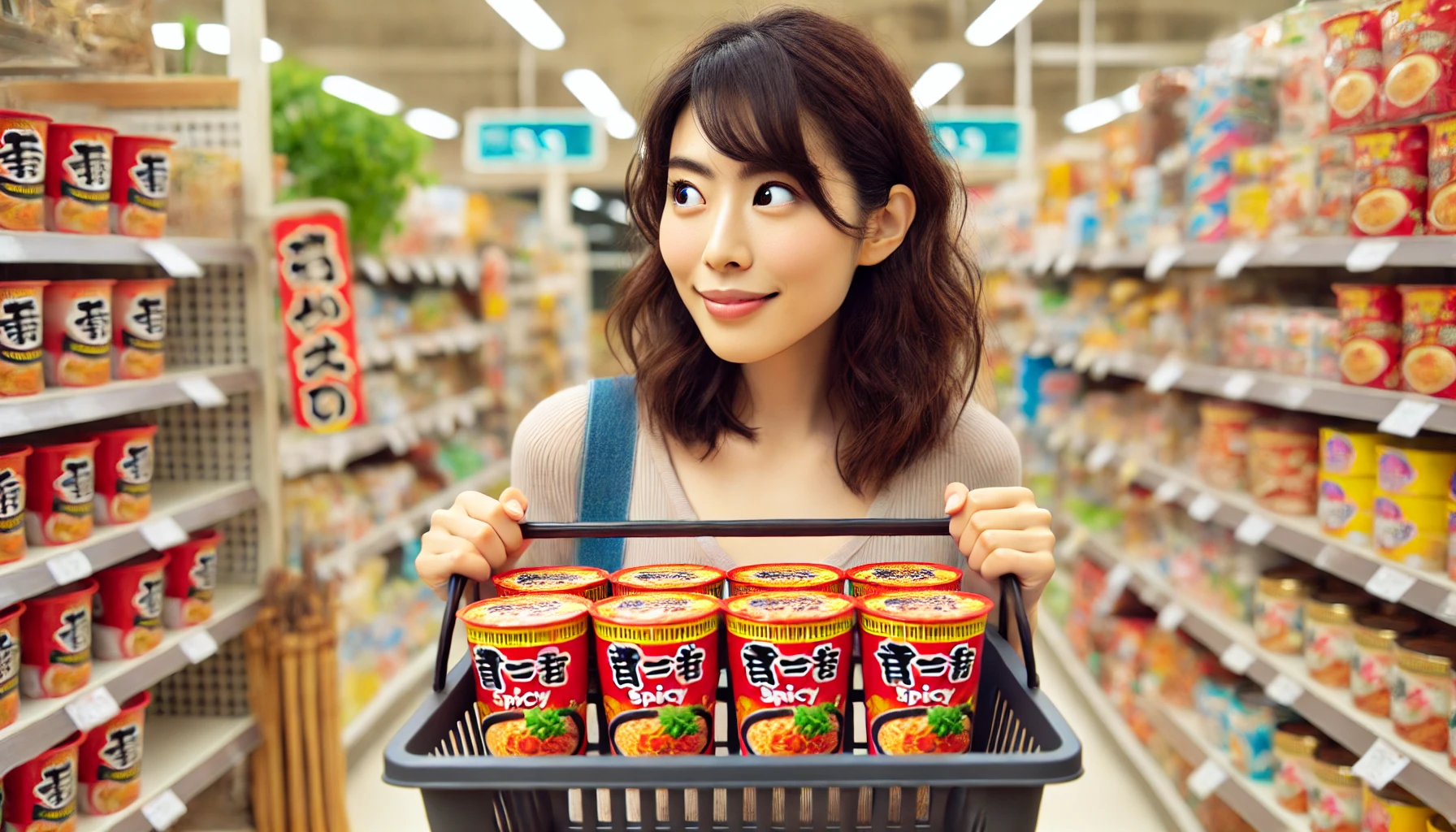 A Japanese woman eagerly searching through a grocery store for spicy ramen cups with red vegetables. She looks determined and excited, with one of them holding a shopping basket filled with various items.