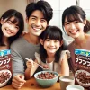 A happy Japanese family enjoying a breakfast with chocolate-flavored cereals. The family is sitting at a dining table, smiling, and the cereal boxes are visible on the table.