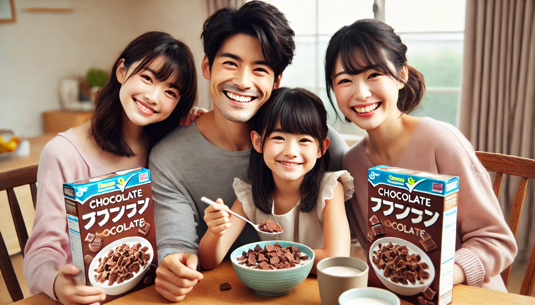 A happy Japanese family enjoying a breakfast with chocolate-flavored cereals. The family is sitting at a dining table, smiling, and the cereal boxes are visible on the table.