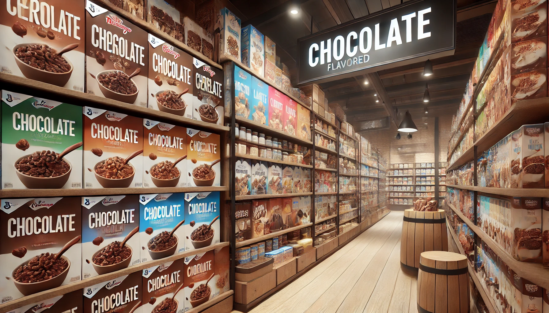 A modern supermarket aisle showing where chocolate-flavored cereals are sold. The shelves are stocked with various brands and types of cereals in colorful boxes.