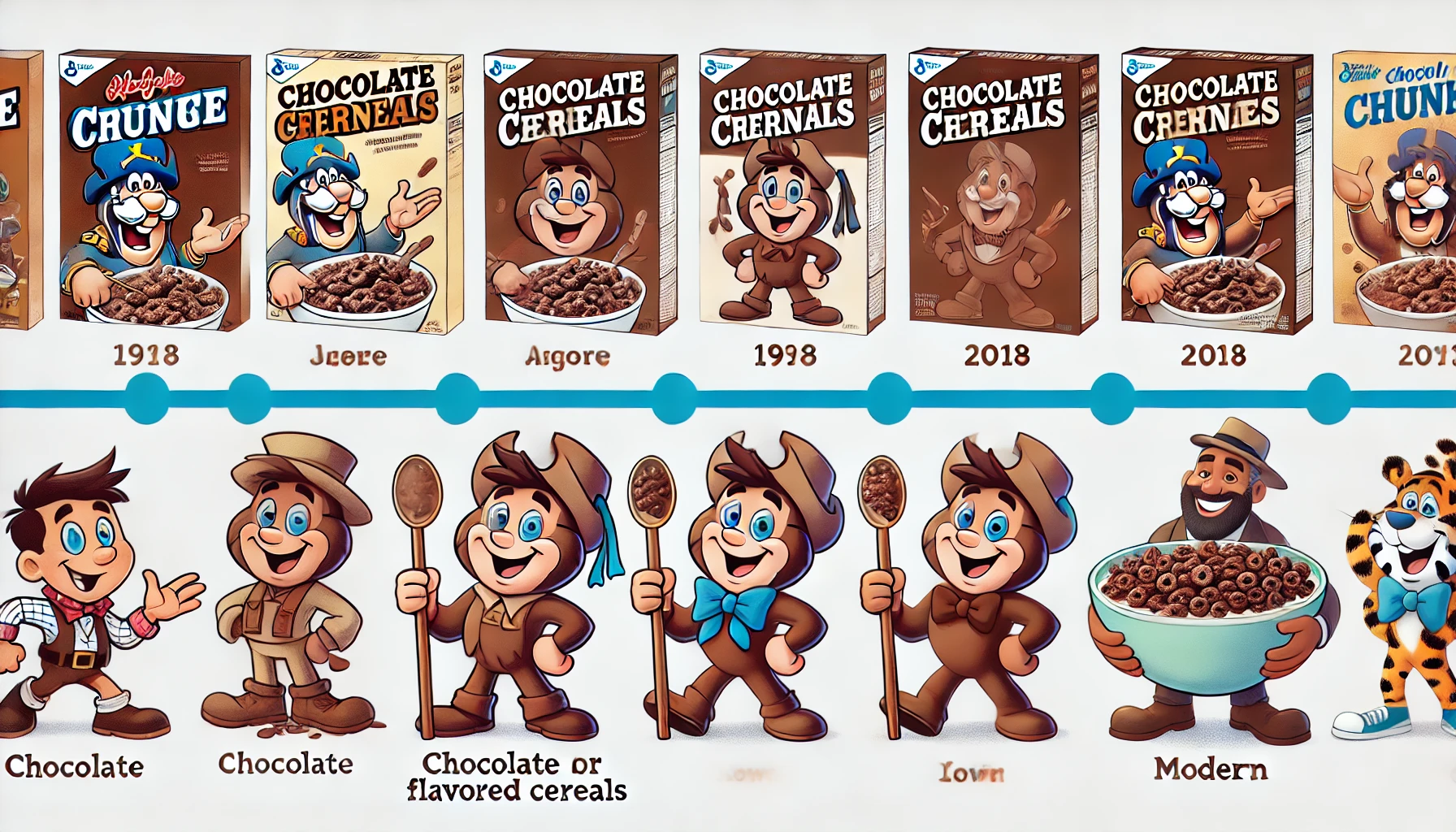 A timeline showcasing the evolution of characters for chocolate-flavored cereals. Includes an older mascot design and a modern design, highlighting the changes over the years.