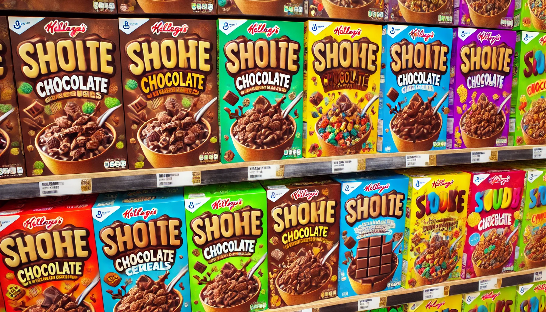 Various types of chocolate-flavored cereals in colorful boxes displayed on a supermarket shelf. The cereals are in vibrant packaging with appealing designs to attract customers.