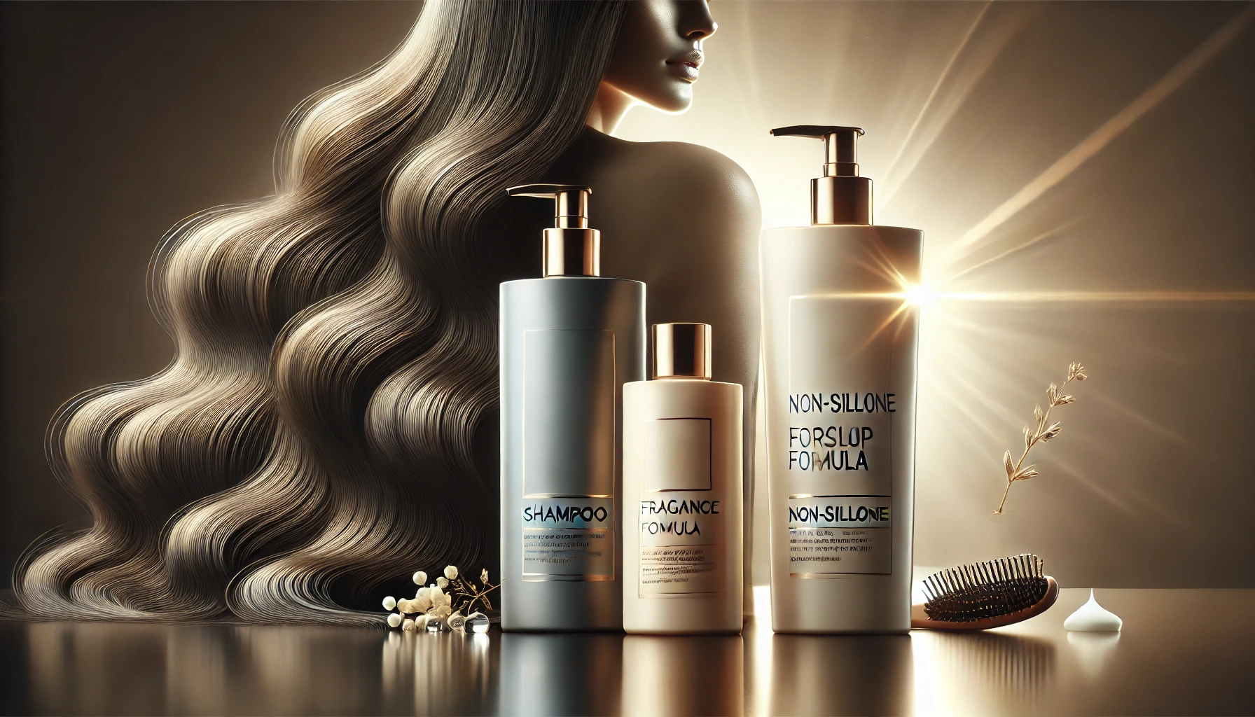 A collection of hair care products with a focus on non-silicone formula, designed to care for both hair and scalp, and emphasizing fragrance and finish. Specifically, a shampoo bottle from the brand, with a clean and modern background that highlights the elegance and quality of the product.