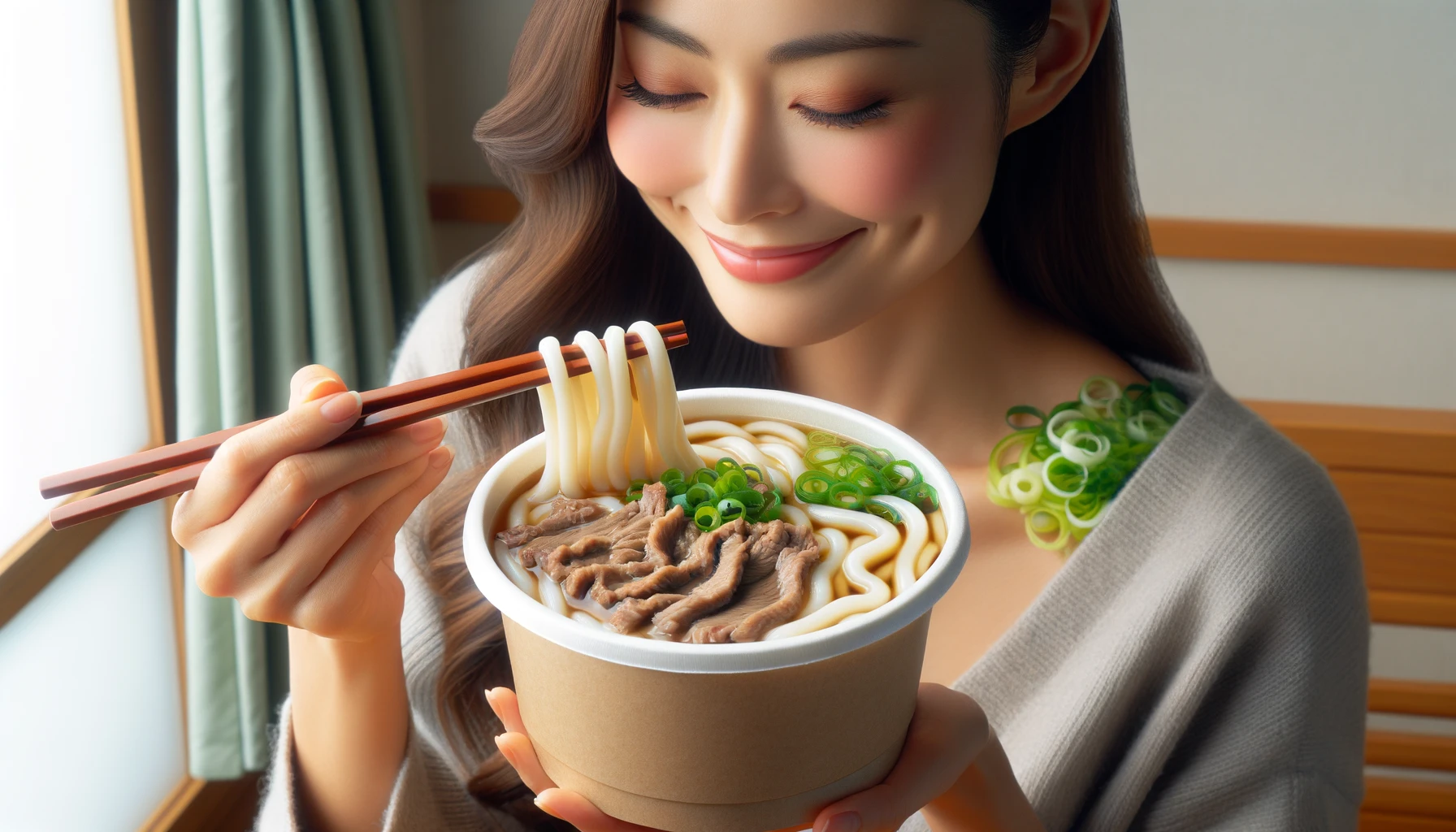 A delicious bowl of Japanese-style cup and bag noodles with fresh, soft noodles, featuring meat udon. The noodles are topped with slices of beef, green onions, and a savory broth. A Japanese woman is enjoying the meal, smiling with satisfaction.