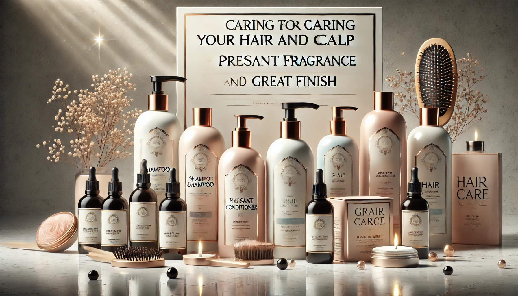 A scene showcasing a high-quality hair care brand that focuses on caring for hair and scalp, emphasizing pleasant fragrance and great finish. The scene includes beautifully arranged hair care products like shampoo, conditioner, and treatment bottles with an elegant design on a clean, modern background.