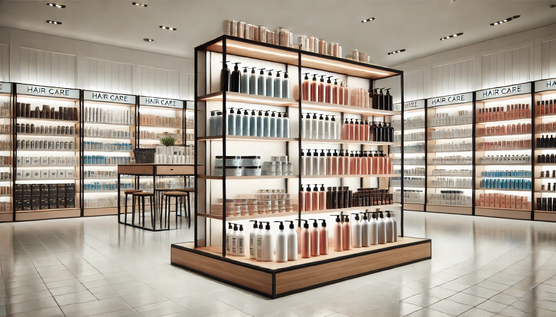 A modern store display showing where a high-quality hair care brand's products are sold. The scene includes neatly arranged shelves filled with various hair care products like shampoo, conditioner, and treatments. The setting is a clean, well-lit retail environment, giving a sense of accessibility and ease of purchase.