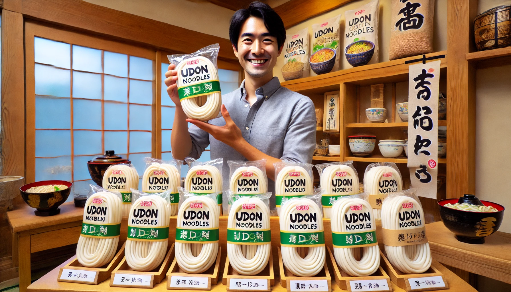 A display of thick udon noodles in fresh, soft form, packaged as Japanese-style cup and bag noodles. The packages are arranged in a traditional Japanese kitchen with wooden elements. A Japanese man is happily holding one of the noodle packages.