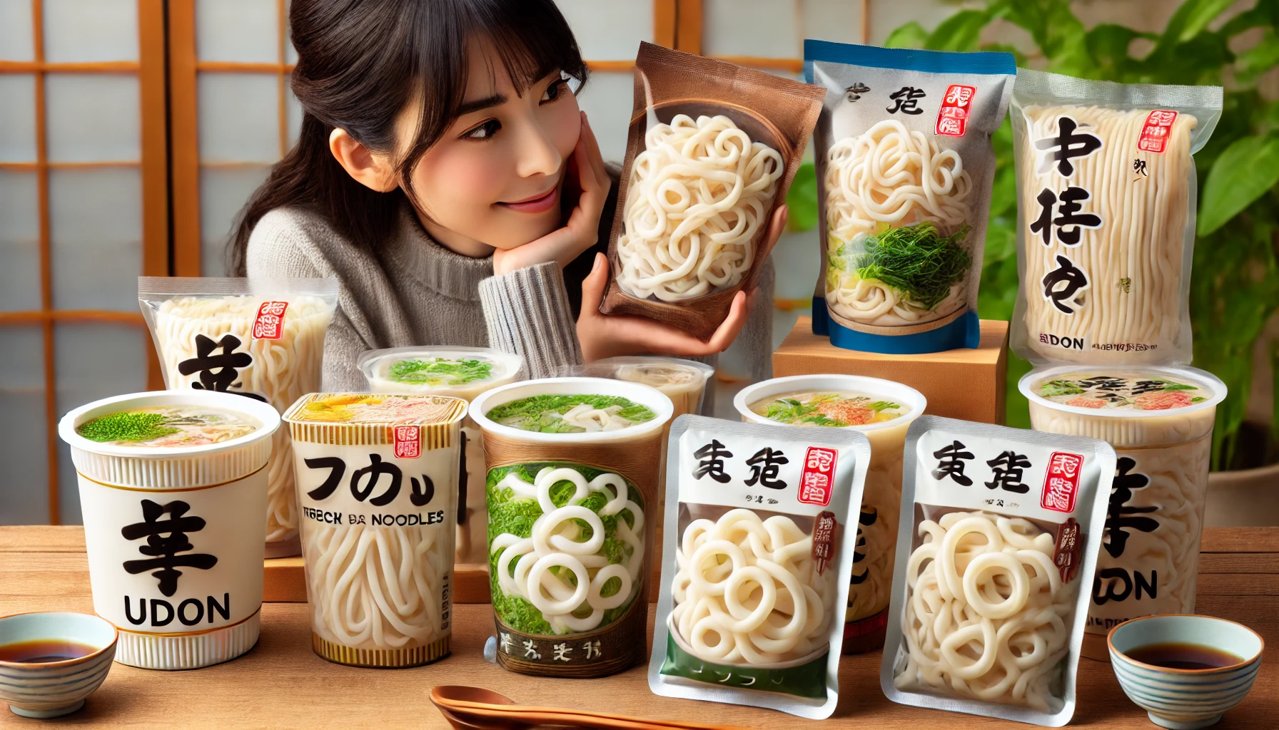 A variety of thick udon noodles in fresh, soft form, packaged as Japanese-style cup and bag noodles. The packages are displayed on a wooden table, showing different variations and flavors. A Japanese woman is looking at the packages with interest and excitement.