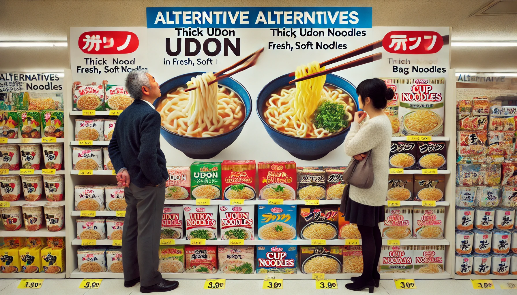 A display of alternative products to thick udon noodles in fresh, soft form, packaged as Japanese-style cup and bag noodles. The alternatives include various instant meals and other noodle types. A Japanese man and woman are examining the alternatives with curiosity.