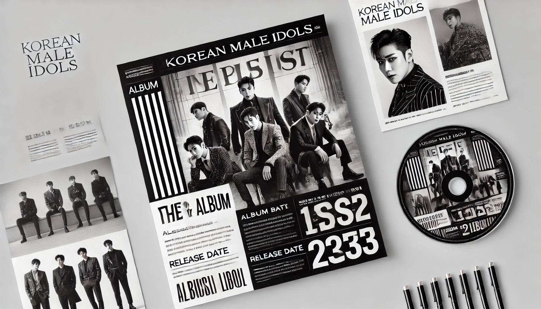 A visually striking page announcing the release of the latest album by Korean male idols, featuring album cover art, release date, and promotional details. The layout includes bold headlines and engaging visuals.