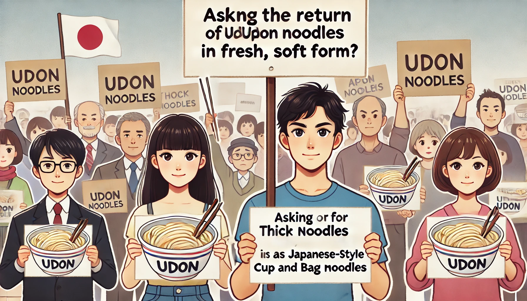 A group of people holding signs and petitions, asking for the return of thick udon noodles in fresh, soft form, packaged as Japanese-style cup and bag noodles. A Japanese man and woman are at the forefront, looking hopeful and determined.