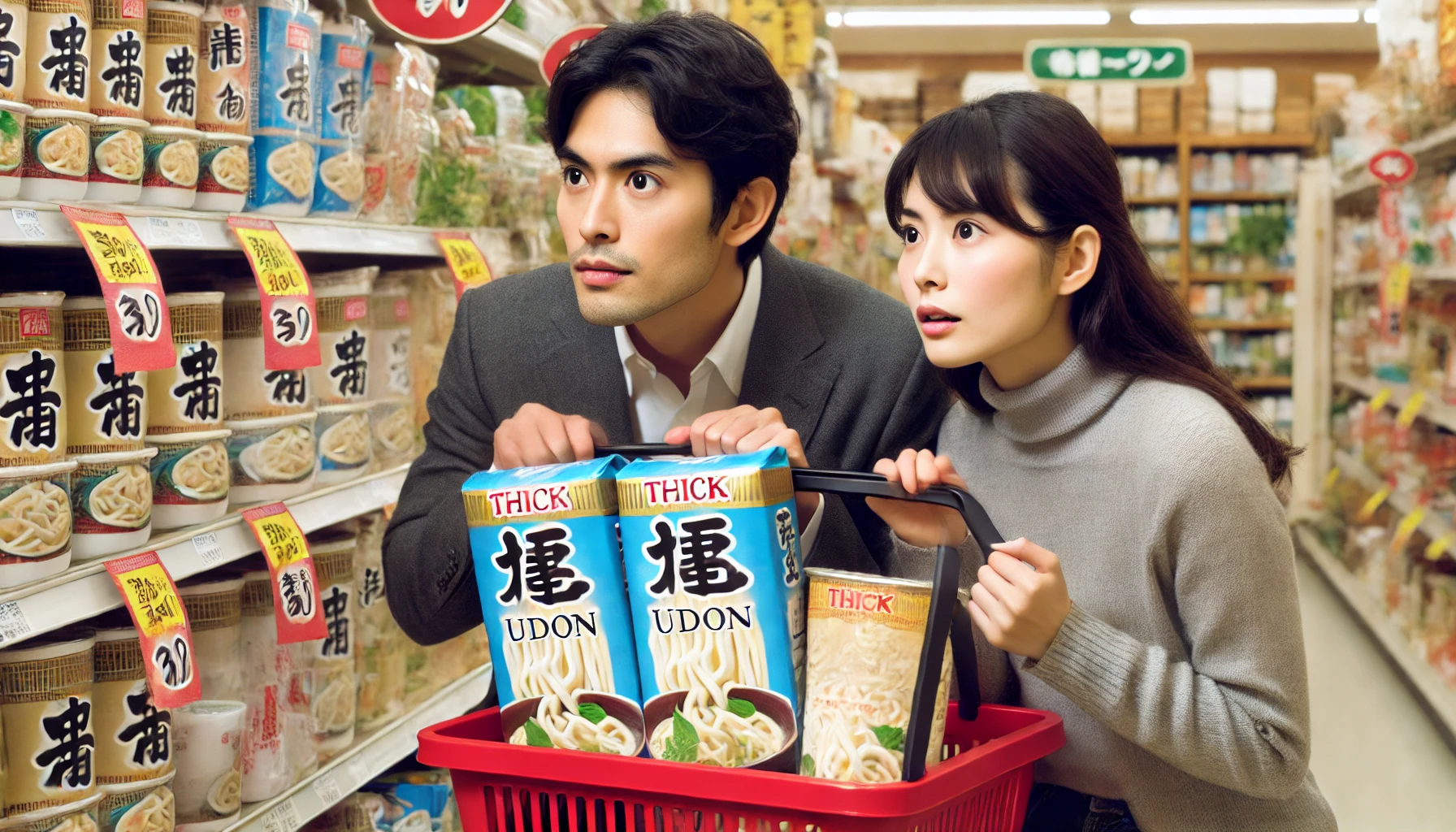 A Japanese man and woman eagerly searching through a grocery store for thick udon noodles in fresh, soft form, packaged as Japanese-style cup and bag noodles. They look determined and excited, with one of them holding a shopping basket filled with various items.