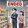 A scene showing the end of production for thick udon noodles in fresh, soft form, packaged as Japanese-style cup and bag noodles. A Japanese man and woman look disappointed in front of an empty shelf with a 'Production Ended' sign.