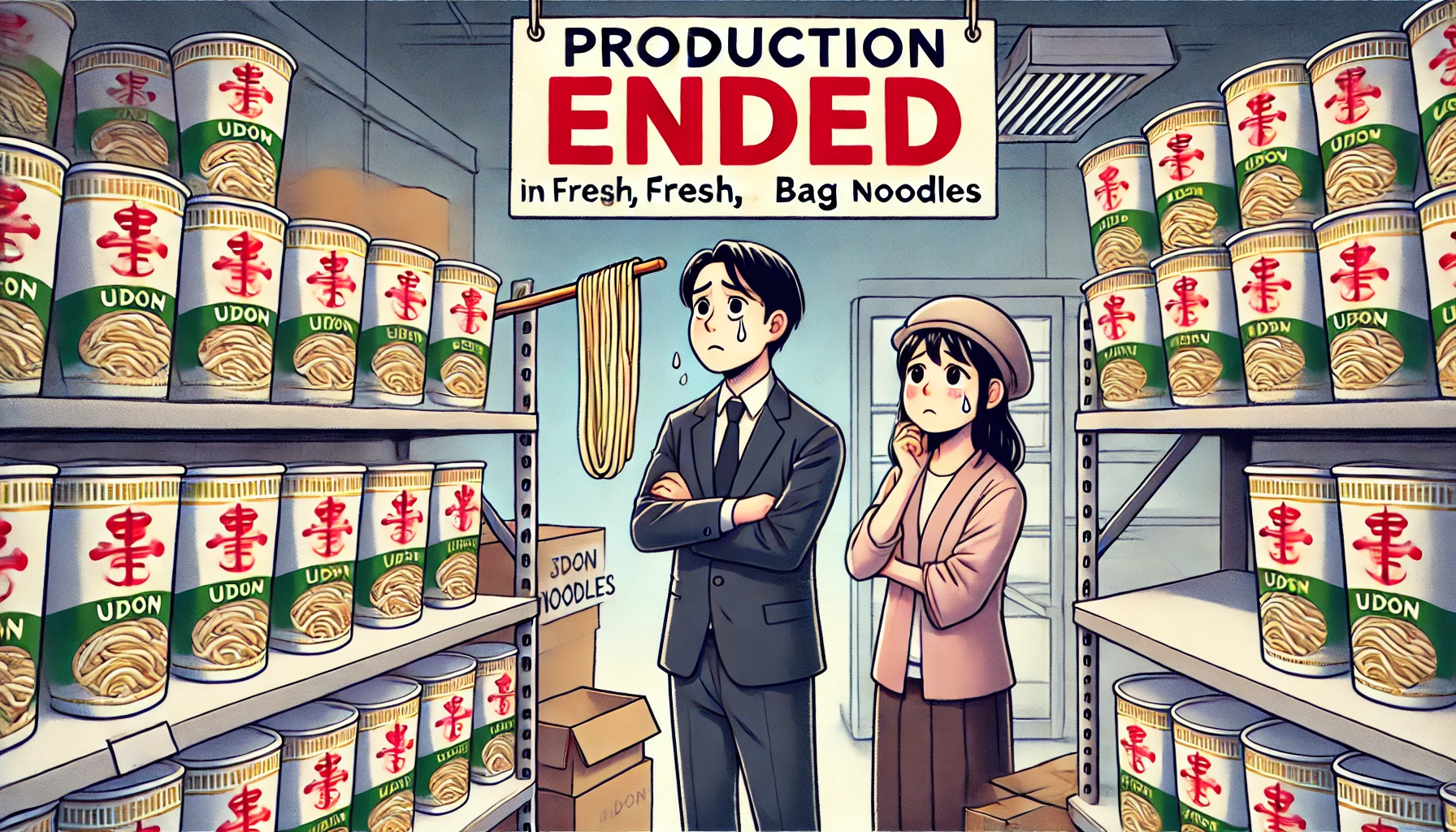 A scene showing the end of production for thick udon noodles in fresh, soft form, packaged as Japanese-style cup and bag noodles. A Japanese man and woman look disappointed in front of an empty shelf with a 'Production Ended' sign.