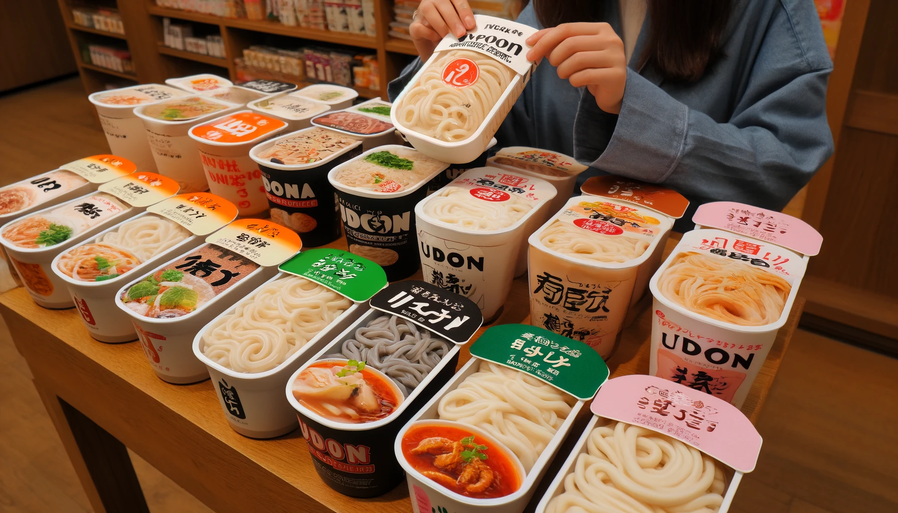 A display of various thick udon noodles in fresh, soft form, packaged as Japanese-style cup and bag noodles. The packages show different flavors and variations, arranged on a wooden table. A Japanese woman is selecting one of the packages with interest.