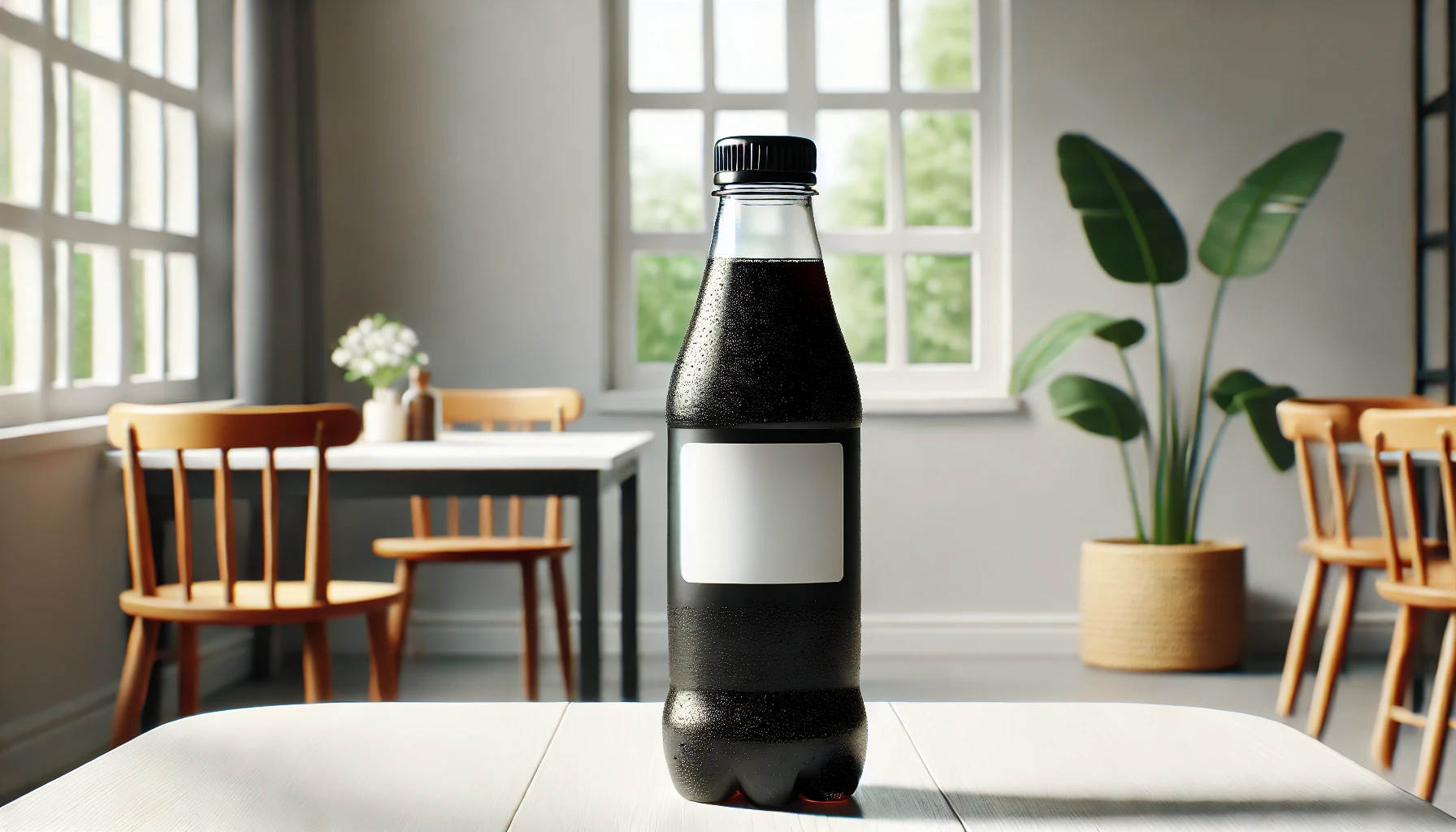 A bottle of black sweet carbonated drink without a label, placed on a table in a simple setting.