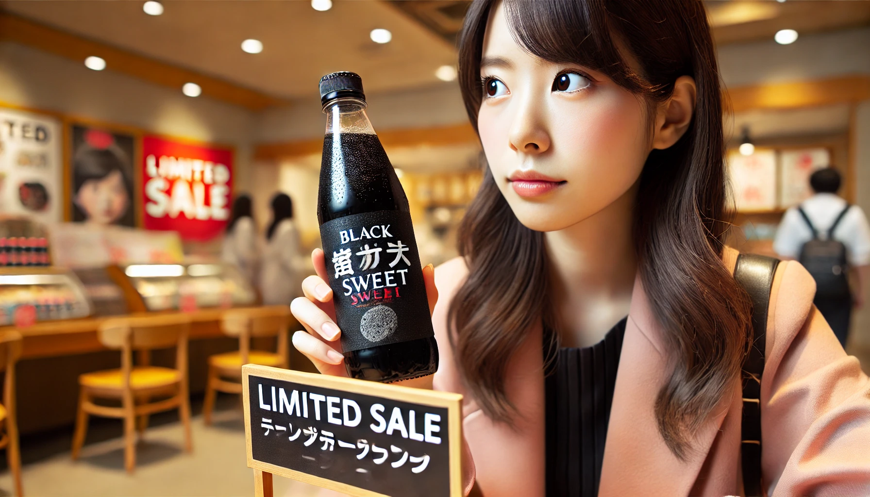 A bottle of black sweet carbonated drink without a label, shown in a limited sale location, with a Japanese woman looking at it.