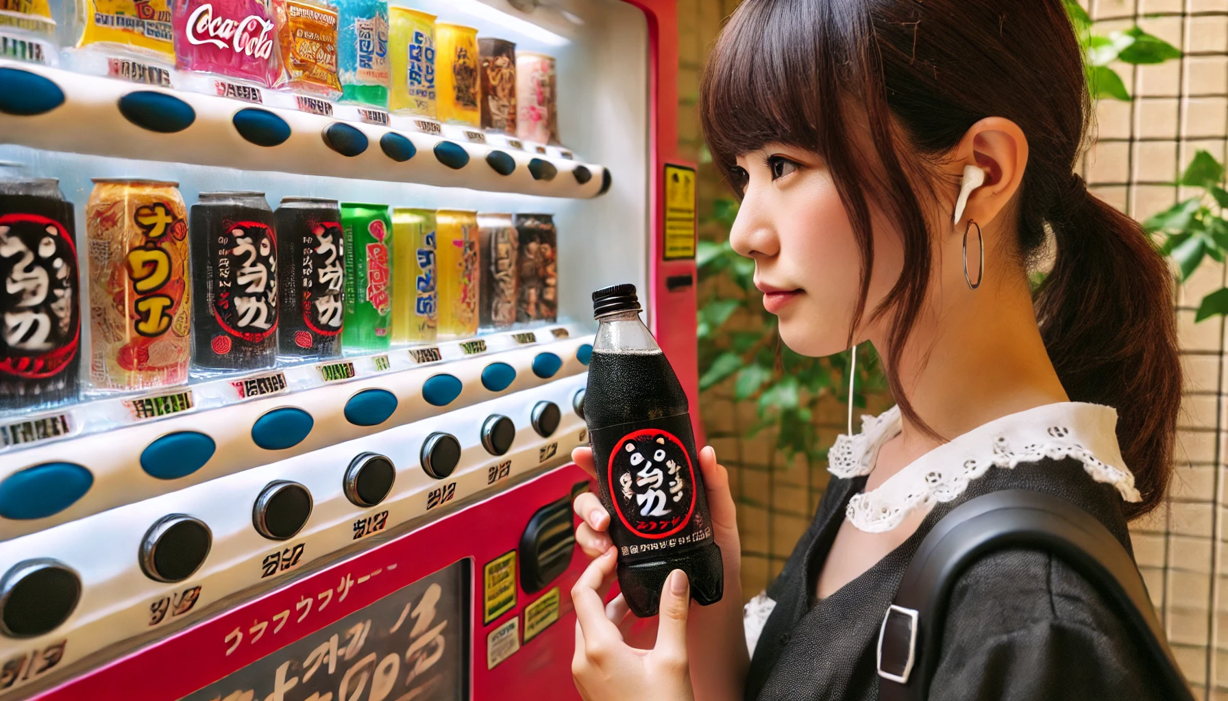 A black sweet carbonated drink in a bottle with a red label being sold in a vending machine, with a Japanese woman purchasing the drink.