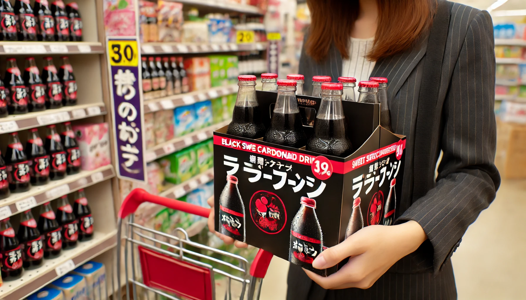 A Japanese person buying a case of black sweet carbonated drink in bottles with red labels, showing the case and bottles in a store setting.