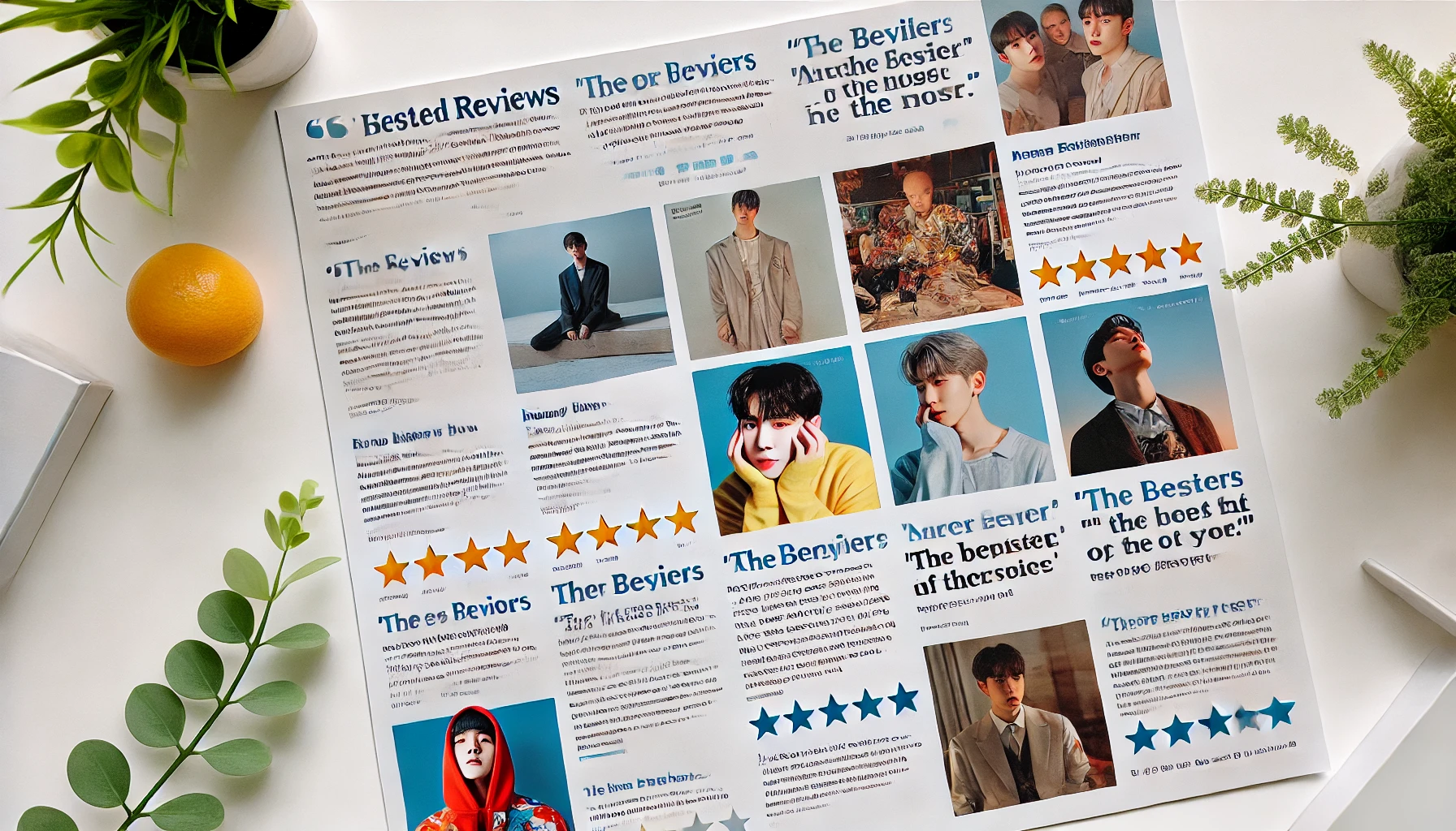 A detailed page featuring reviews and testimonials for albums by Korean male idols, showcasing ratings, quotes from fans, and images of album covers. The layout is clean and easy to read.