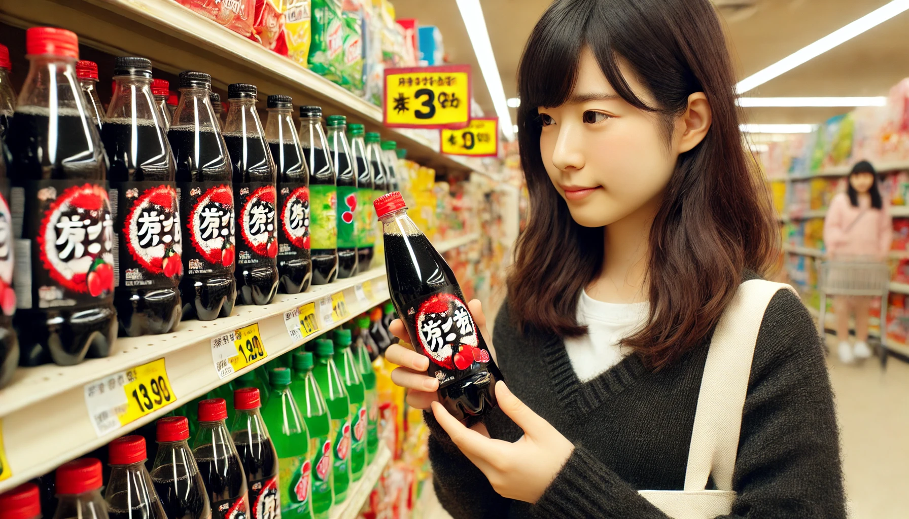 A black sweet carbonated drink in a bottle with a red label being sold in a discount store, with a Japanese woman shopping and looking at the bottles.