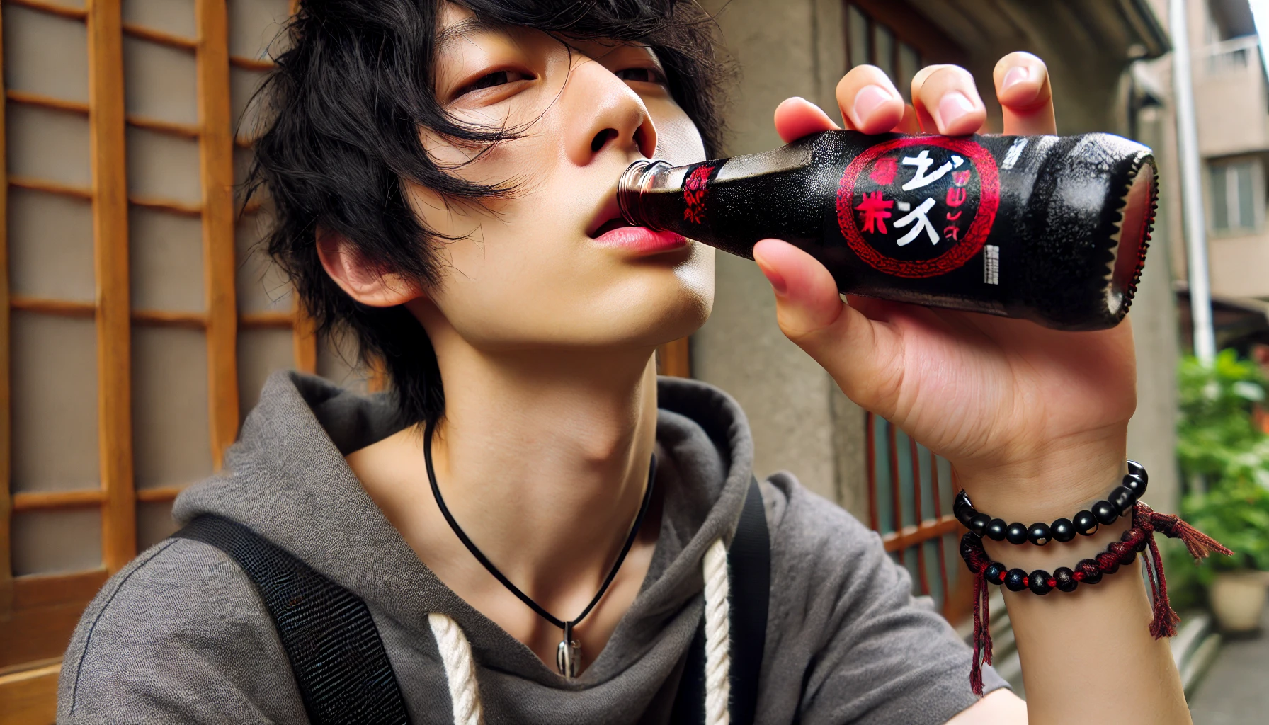 A Japanese person enjoying a bottle of black sweet carbonated drink with a red label, showing a sense of addiction and pleasure while drinking.