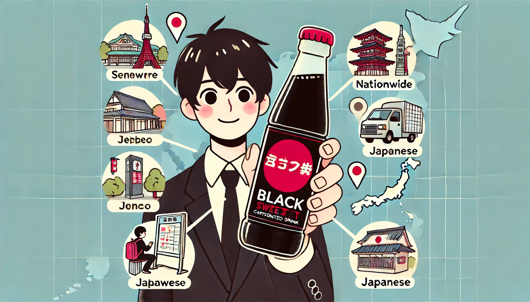 A bottle of black sweet carbonated drink with a red label being sold nationwide, with various locations shown and a Japanese person holding the drink.