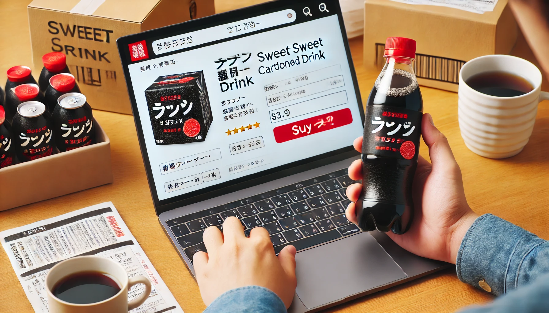 A Japanese person purchasing a bottle of black sweet carbonated drink with a red label online, showing the website and the drink being delivered.