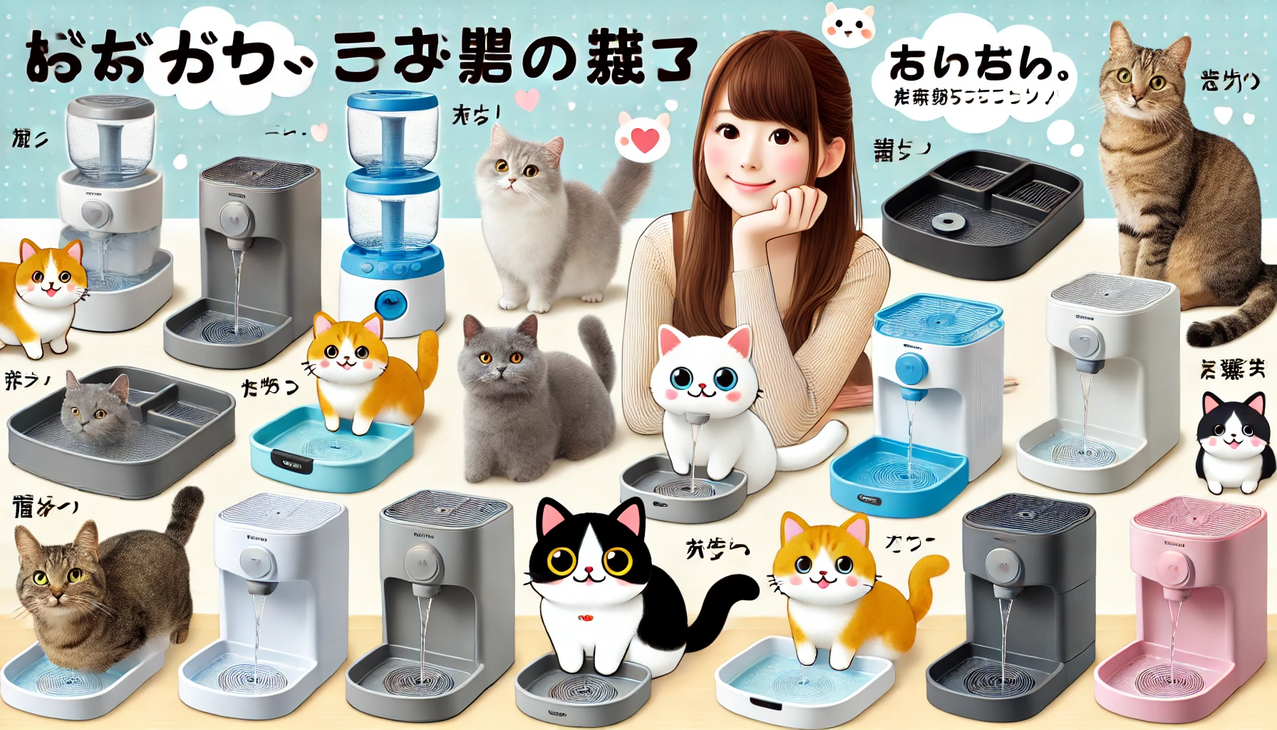 A variety of pet water fountains with filters designed for cats, displayed in an array showing different designs and styles, with a Japanese woman and cats interacting with them.