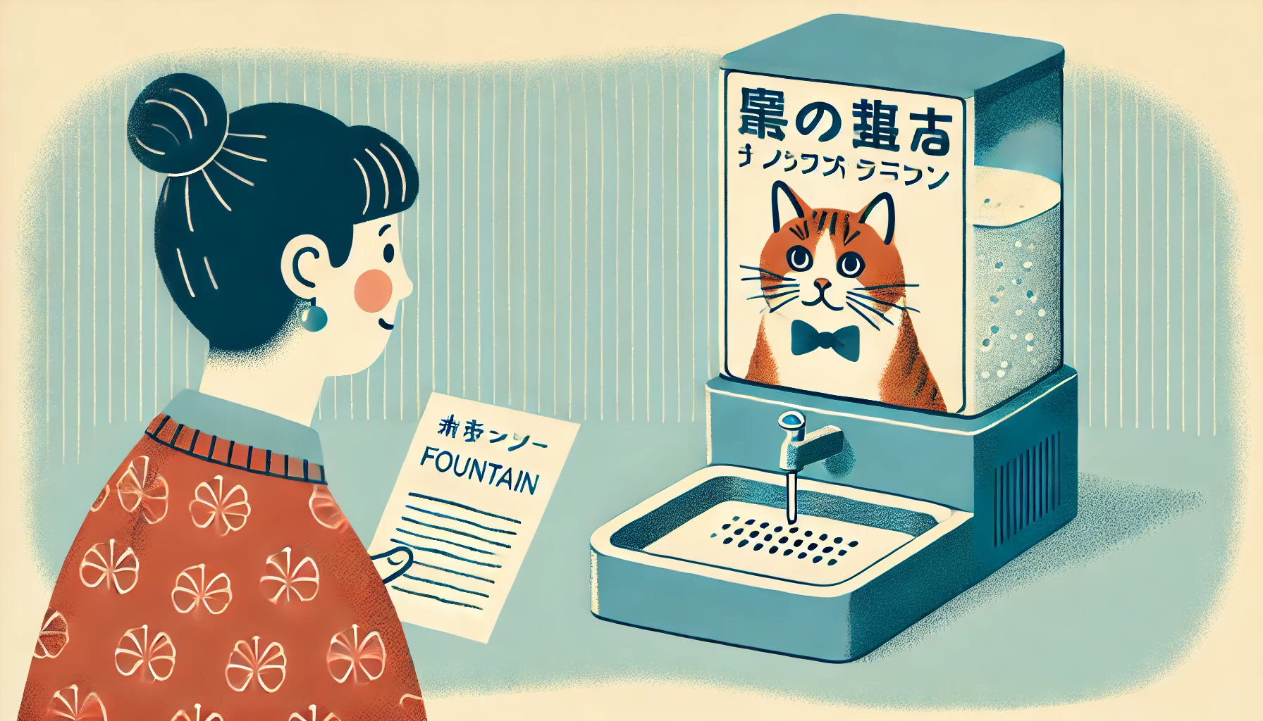 A pet water fountain with a filter designed for cats with a sign indicating it is discontinued, displayed with a sense of nostalgia and a Japanese woman looking at it with a cat.