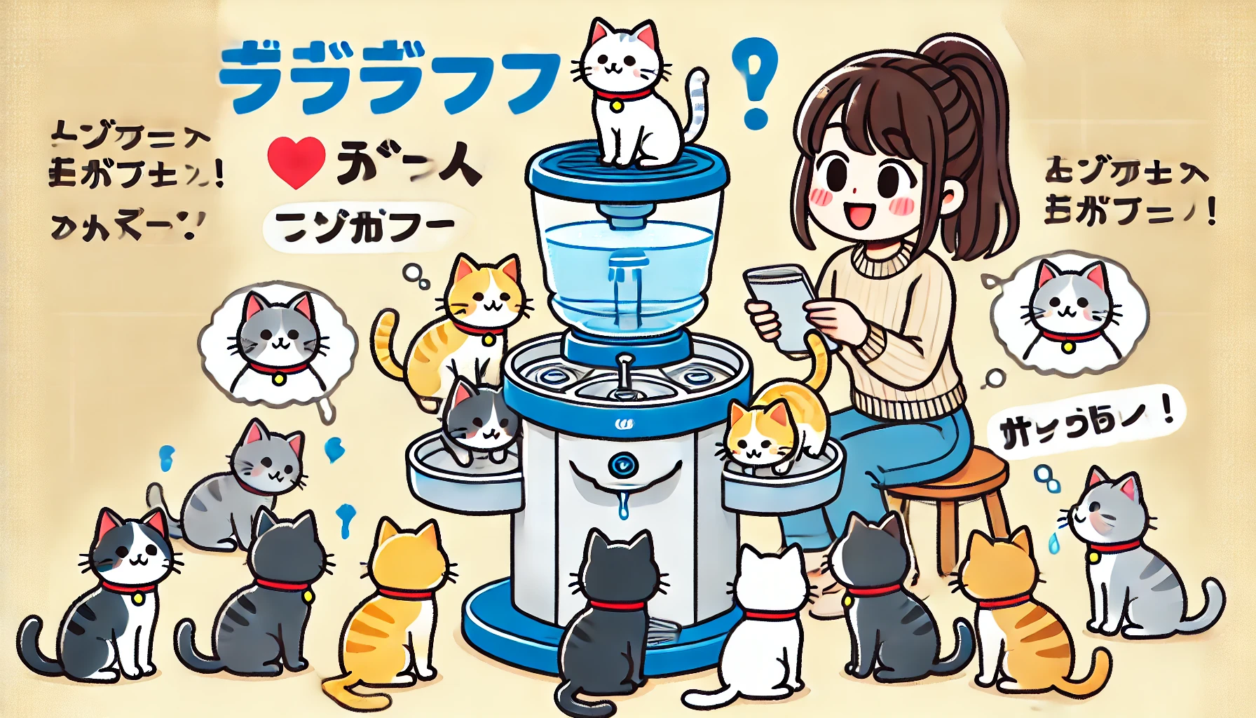 A popular pet water fountain with a filter designed for cats, showing high demand with multiple cats using it and a Japanese woman engaging with the cats.