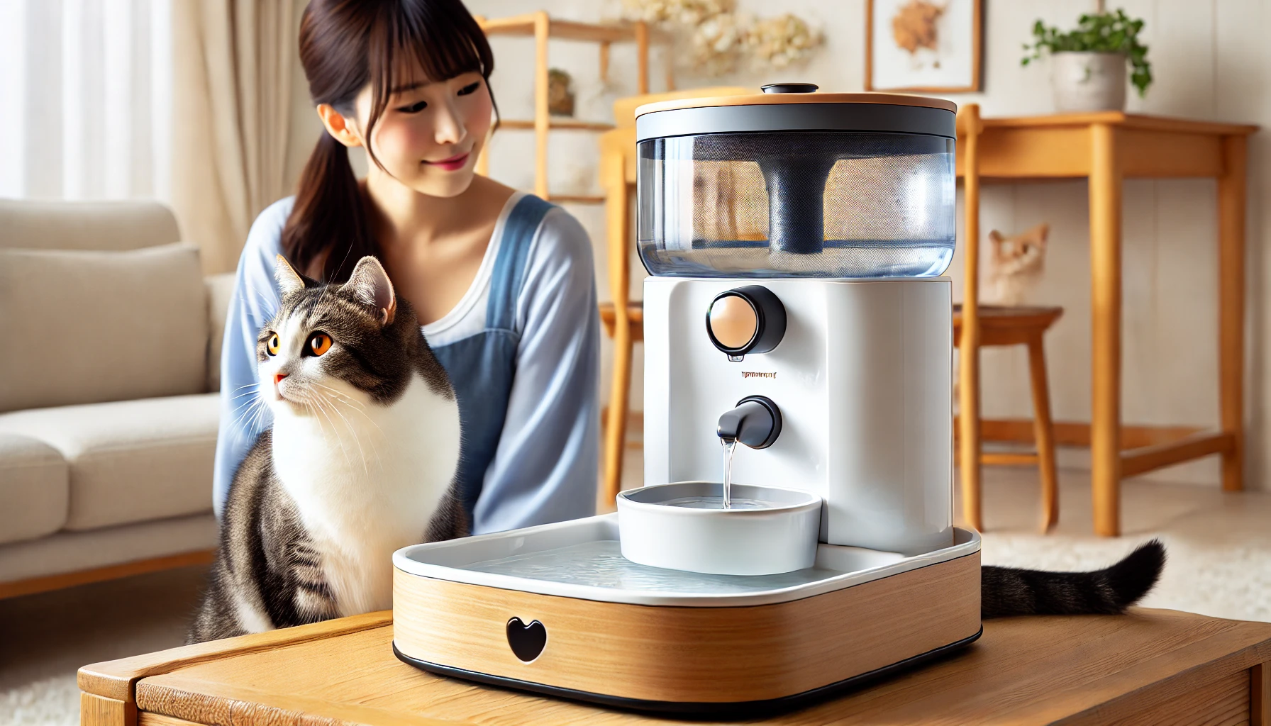 A pet water fountain with a filter designed for cats, showing a sleek and modern design, placed in a home setting with a Japanese woman and a cat nearby.