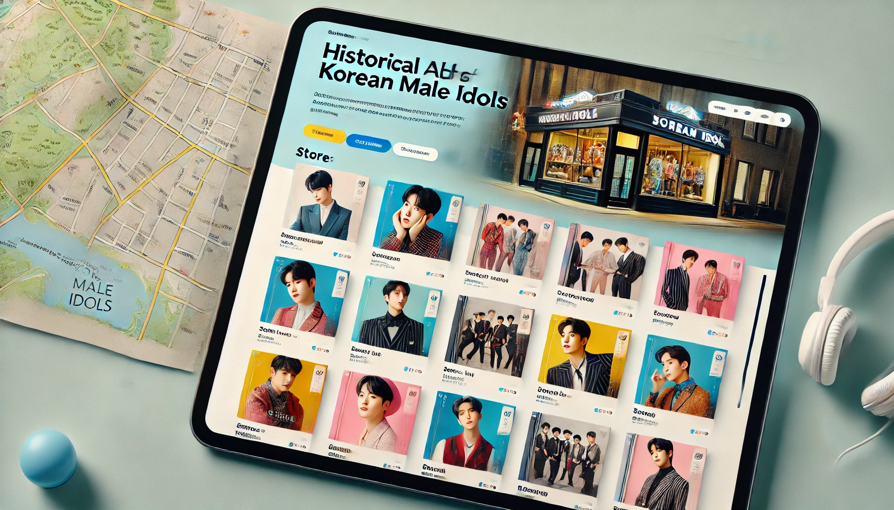 A modern and vibrant page showcasing various stores selling historical albums of Korean male idols, featuring store logos, album covers, and a map. The layout is sleek and informative.