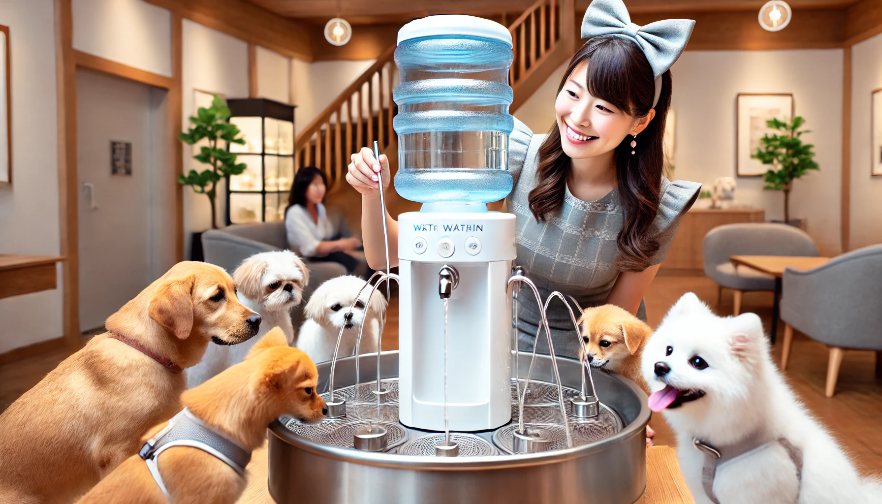 A popular pet water fountain with a filter, showing high demand with multiple pets using it and a Japanese woman engaging with the pets.