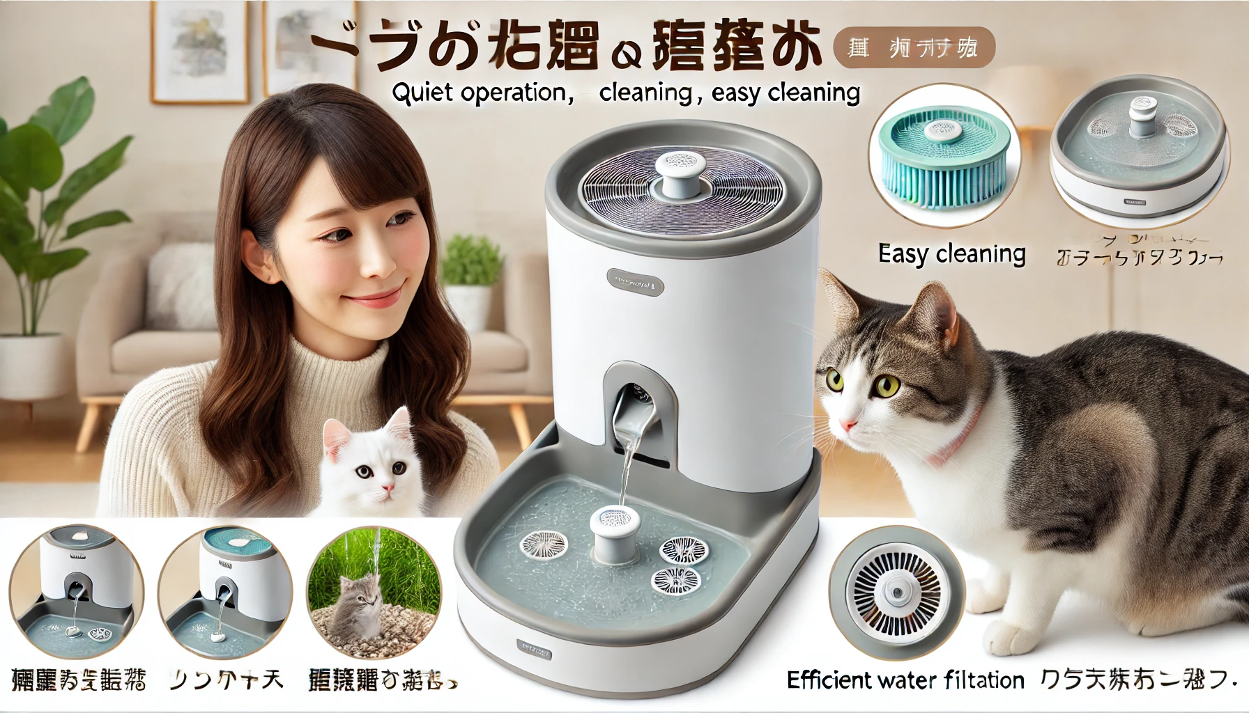 A pet water fountain with a filter designed for cats, highlighting its features such as quiet operation, easy cleaning, and efficient water filtration, with a Japanese woman and a cat nearby.